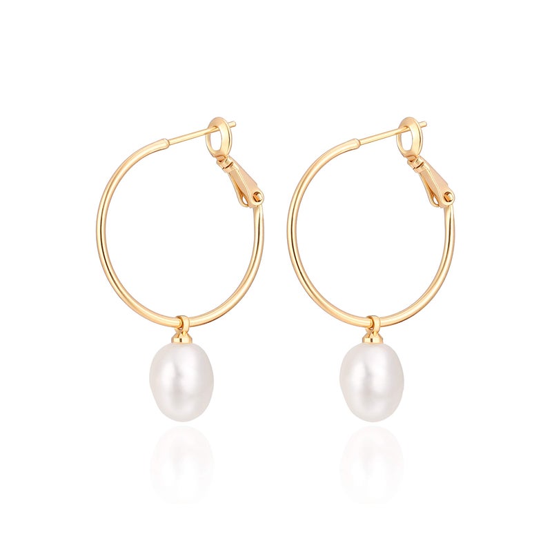 PEARLADA Gold Plated Huggie Hoop Earrings with Charms Fashion Pearl Drop Dangle Earrings for Women Handmade Karma Circle Jewelry for Ladies Lightweight Pearl Earrings on Christmas - Image 1